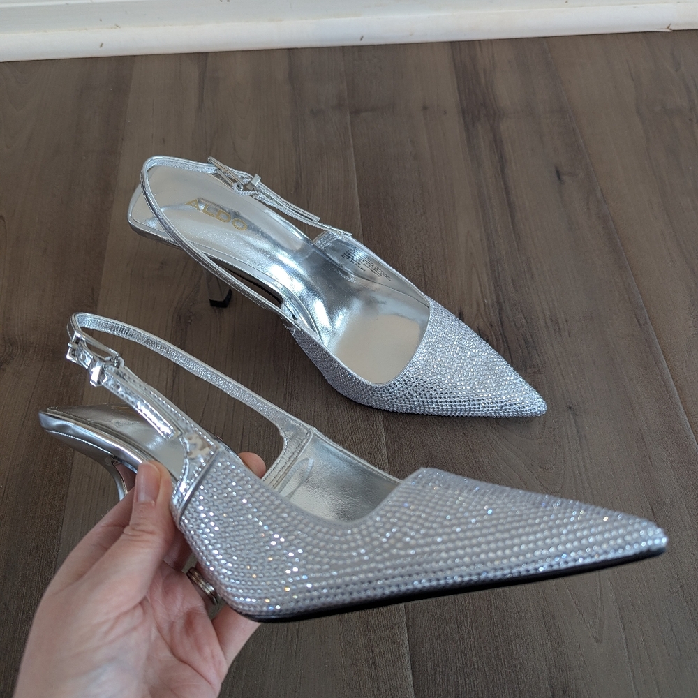Aldo Silver Sparkly Glass Sling Back "Elouise" High Heels, Size 7.5. Worn Once!